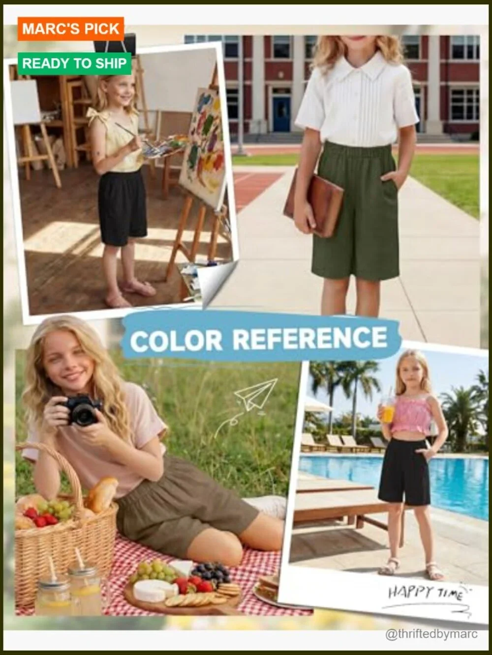 Girls Linen Bermuda Shorts 3 Pack Elastic Waist Knee Length with Pockets
